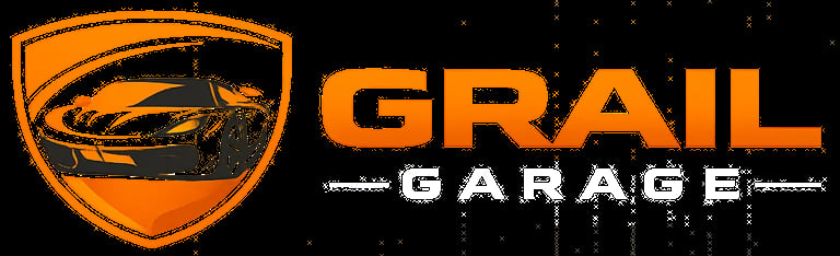 Grail Garage logo featuring an orange shield with a fish illustration and white text